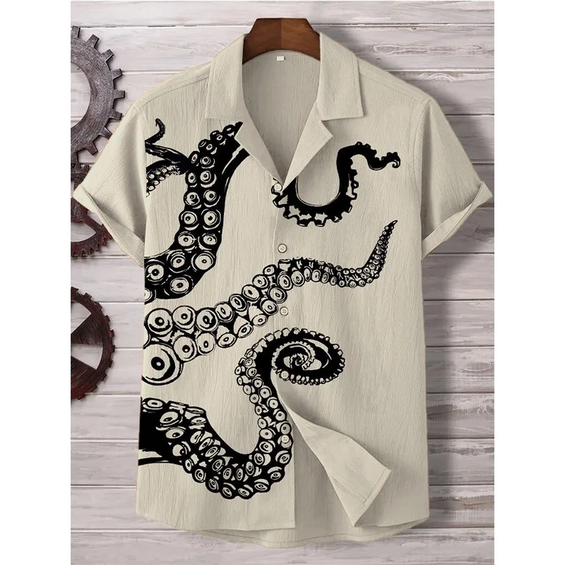 Men's Octopus Tentacles Art Graphic Print Short Sleeve Shirt Harajuku Shirt Summer Hipster Button Down Casual Shirt Holiday Tops