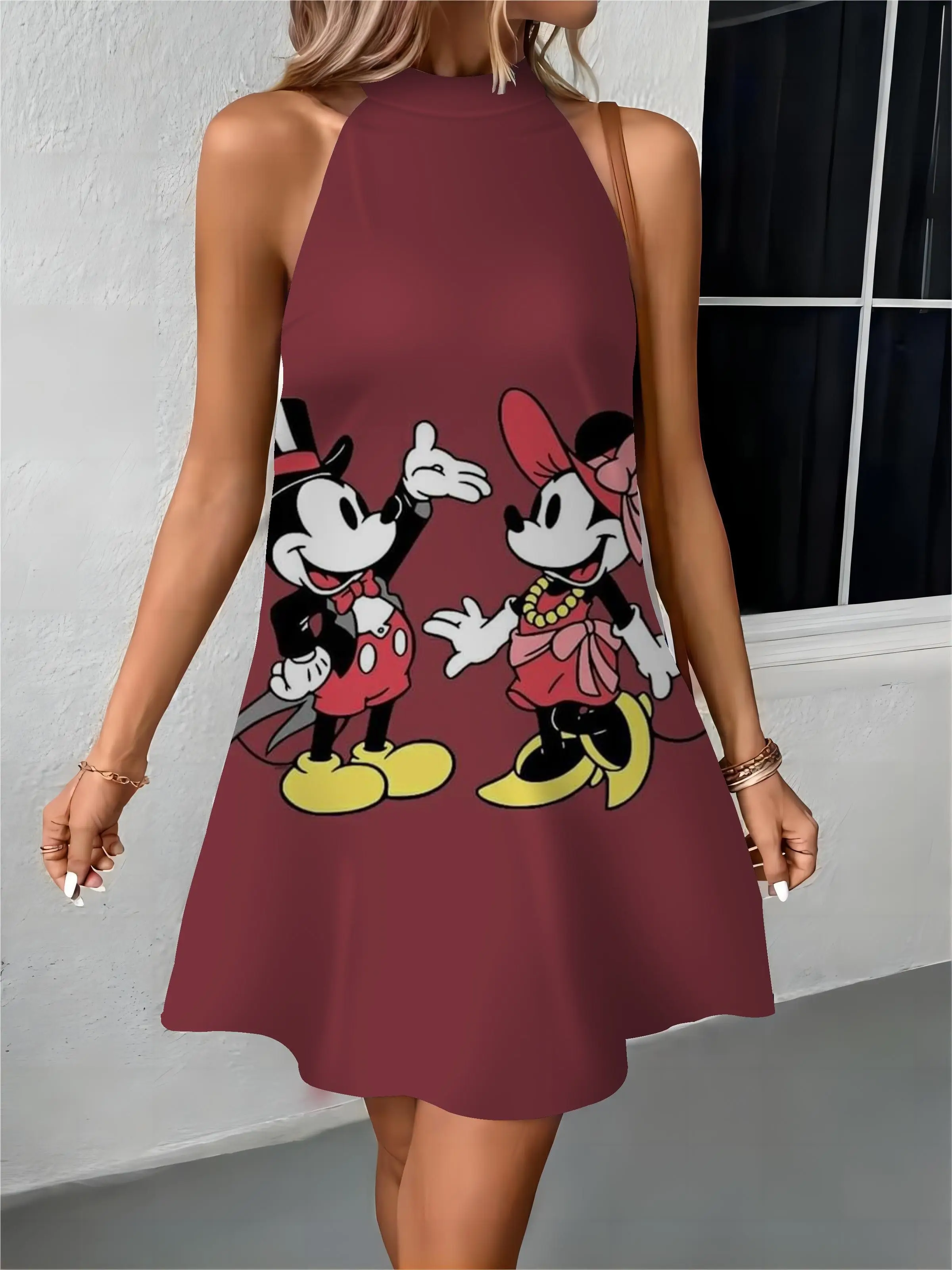 Beach Female Women's Dress Womens Dresses Off Shoulder Apron Bow Knot Minnie Mouse Mickey Disney Fashion Summer 2024 Elegant New