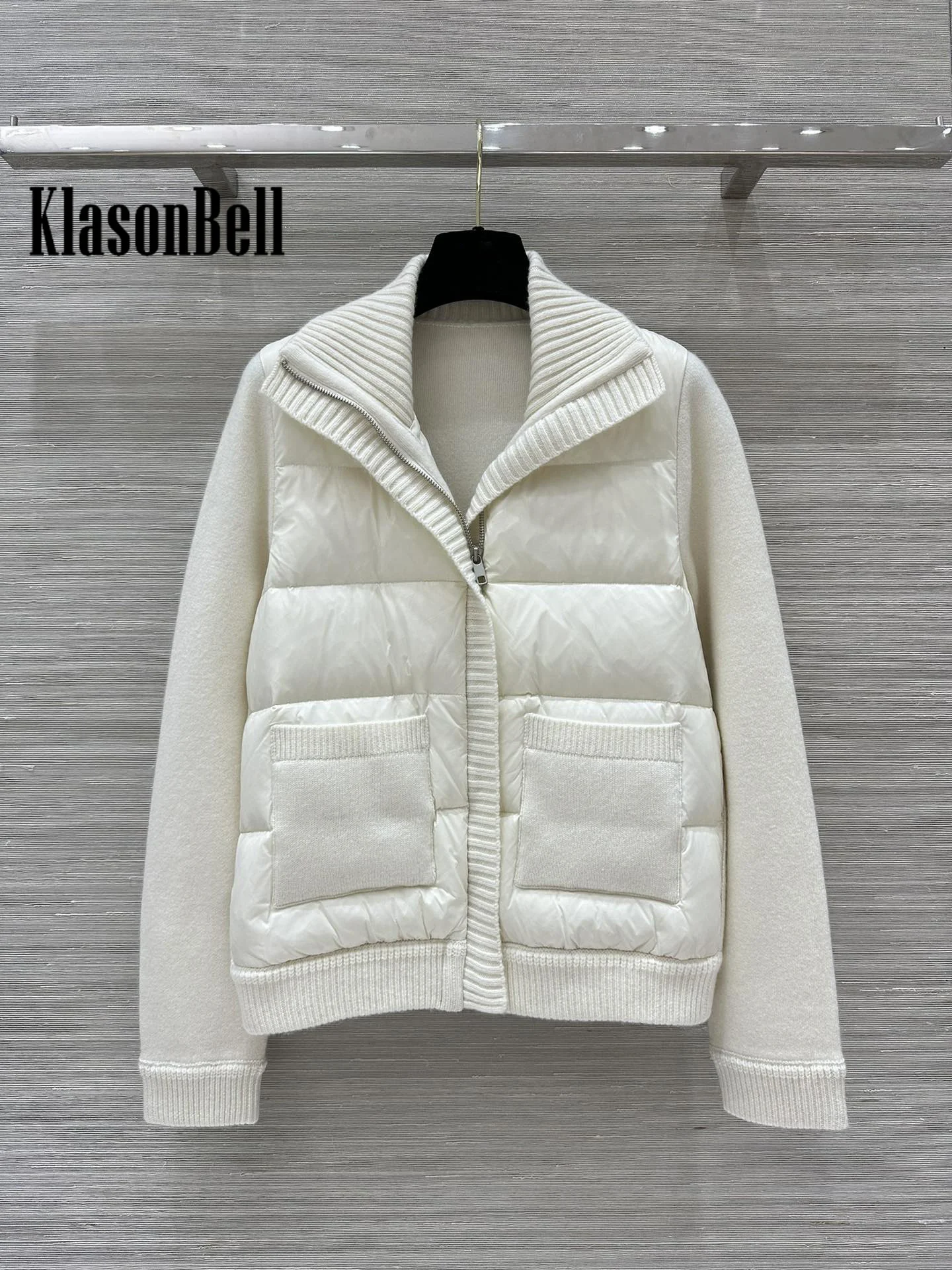 8.26 KlasonBell Women\'s Autumn Winter New Double POcket Knit Spliced Quilted Goose Down Jacket Lapel Stand Collar Zipper Coat