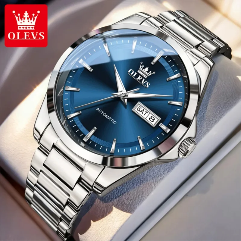

OLEVS 7090 Модные мужские часы для бизнеса с автоматическим механическим механизмом, функцией подсветки, водонепроницаемые, из нержавеющей стали