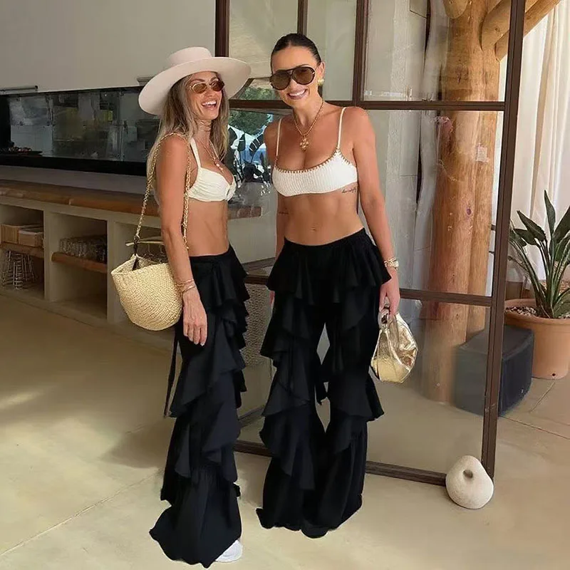 Iamhotty European and American Ruffle Mesh Cake Pants See-Through Light and Comfortable Casual Pants
