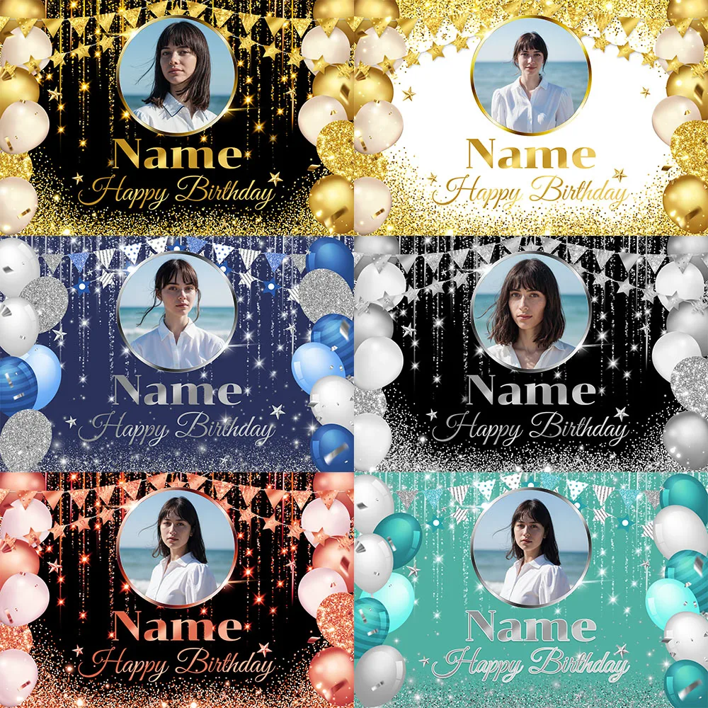 Custom Photo Name Birthday Backdrop Black and Gold Background Personalized Banner with Glitter Lights for Party Wall Decoration