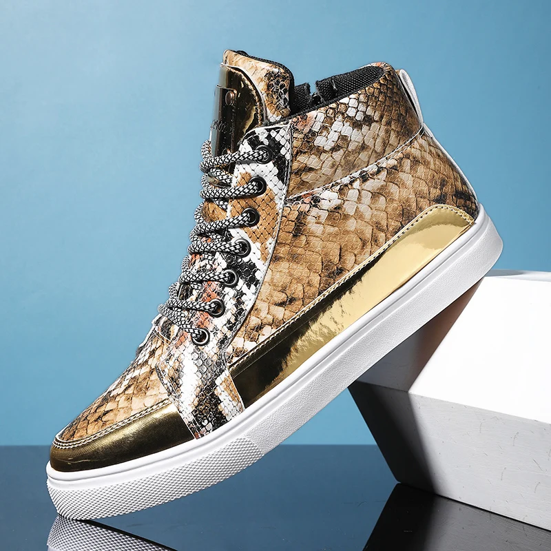 Fashion Glitter High Top Sneakers Men Trendy Zipper Designer Mens Vulcanized Sneakers Gold Snaker Leather Men Skateboard Shoes