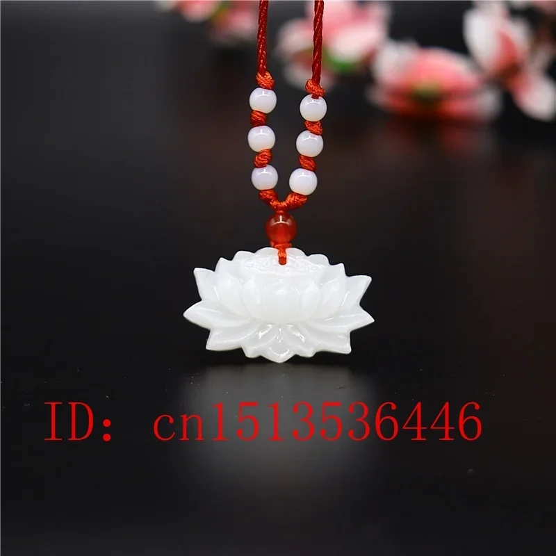 Natural White Jade Lotus Pendant Necklace Charm Jewelry Carved Amulet Fashion Chinese Gifts for Women Men Sweater Chain