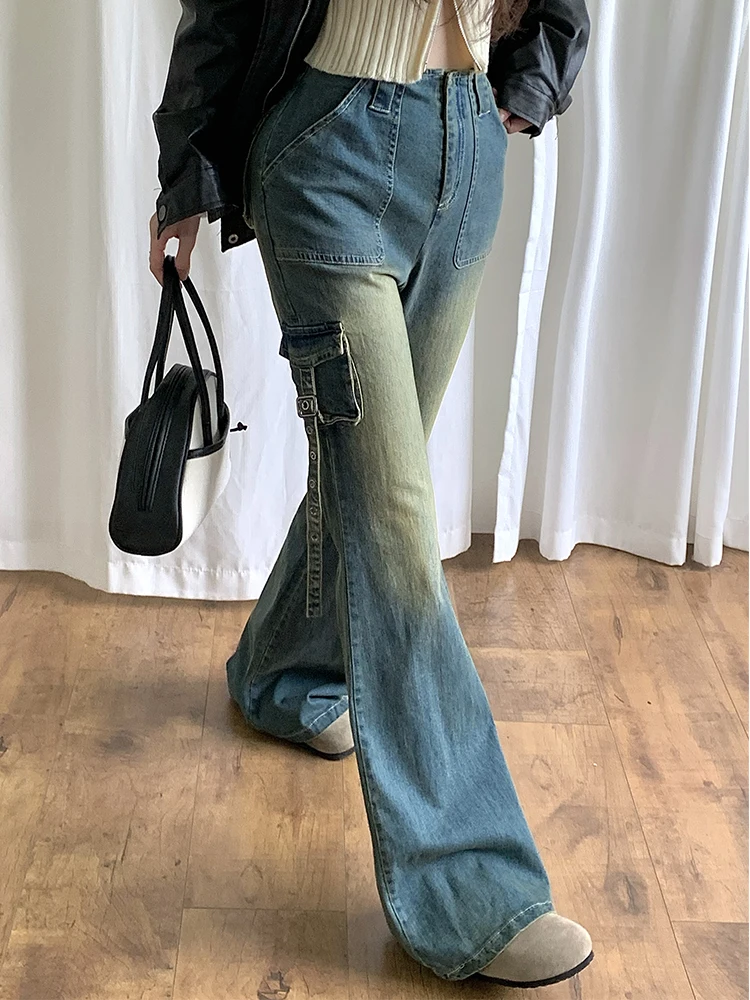 Women Korean Vintage High Waist Denim Pants Kpop Flare Jeans Gyaru Bell Bottom Jeans 2000s Aesthetic Grunge Y2k Streetwear Punk