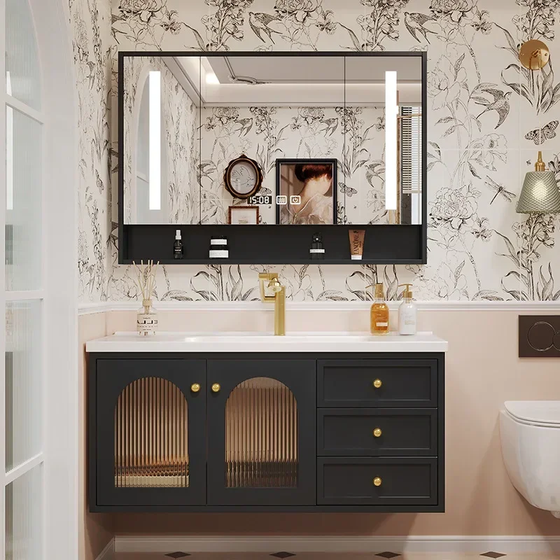

Oak Solid Wood Bathroom Cabinet With Smart Mirror European Retro Washbasin Bathroom Vanity Cabinet with Sink Bathroom Furniture