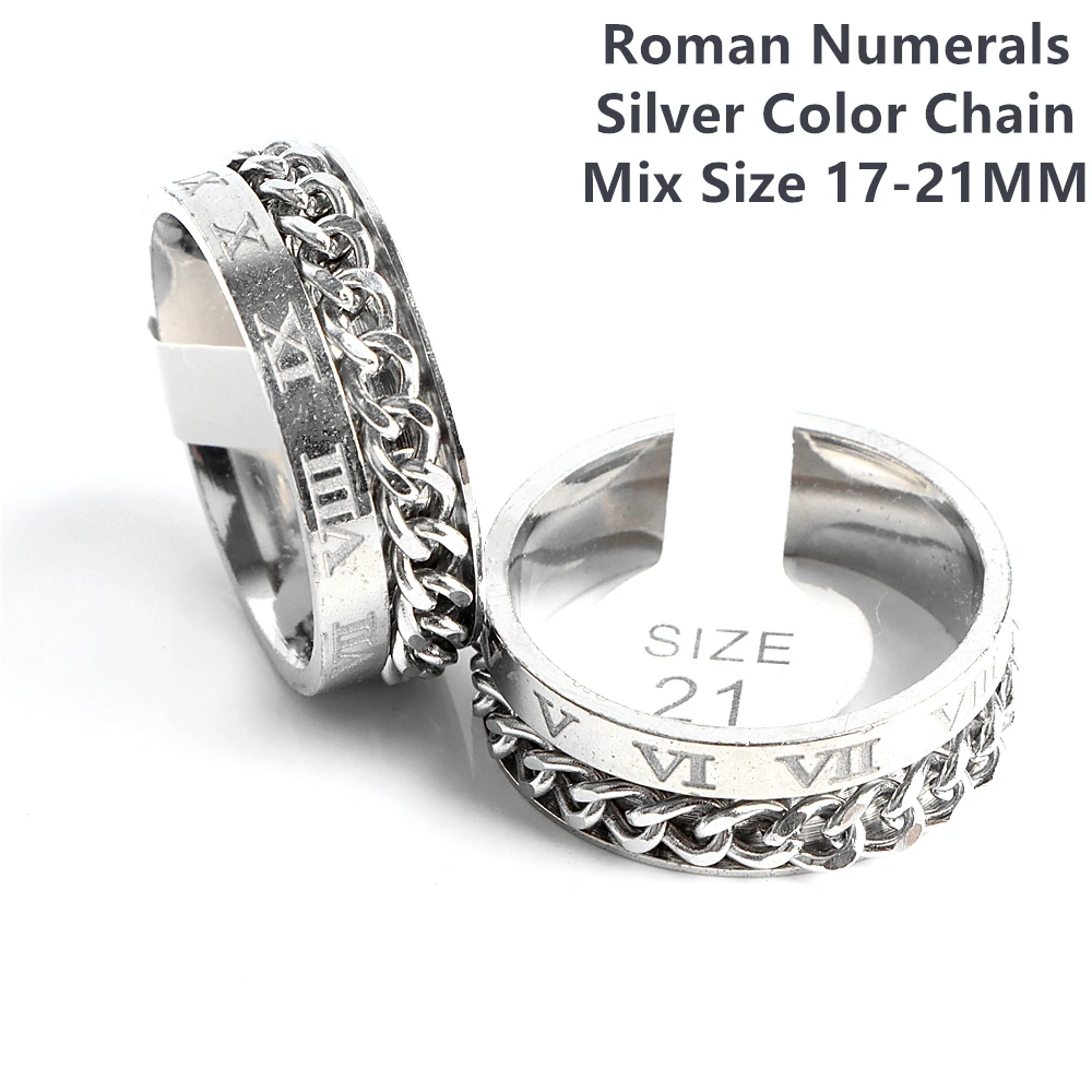 Pack of 10/30pcs Men\'s Spinner Chain Cool Stainless Steel Rings Tire Texture Rotatable Links Male Jewelry For Women