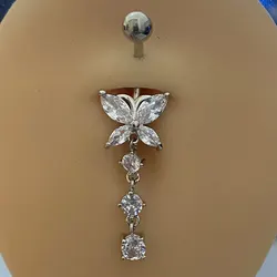 1PC Women Fashion Stainless Steel Piercing Crystal Butterfly Heart Belly Navel Ring Dangle Personality Body Jewelry Accessories
