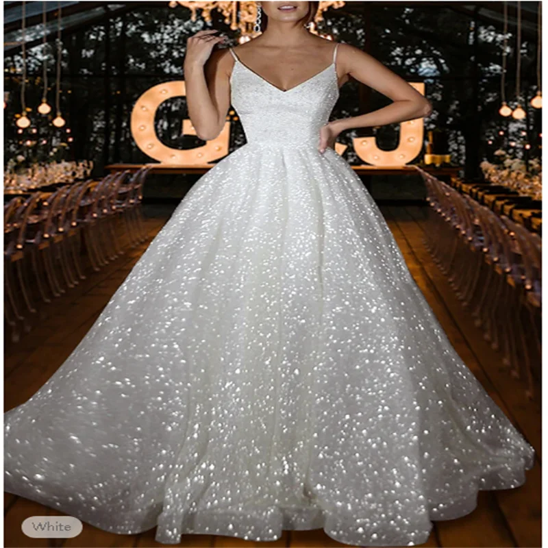

Shine Casual Wedding Dresses A-Line Camisole V Neck Spaghetti Strap Sweep / Brush Train Sequined Bridal Gowns White 2025