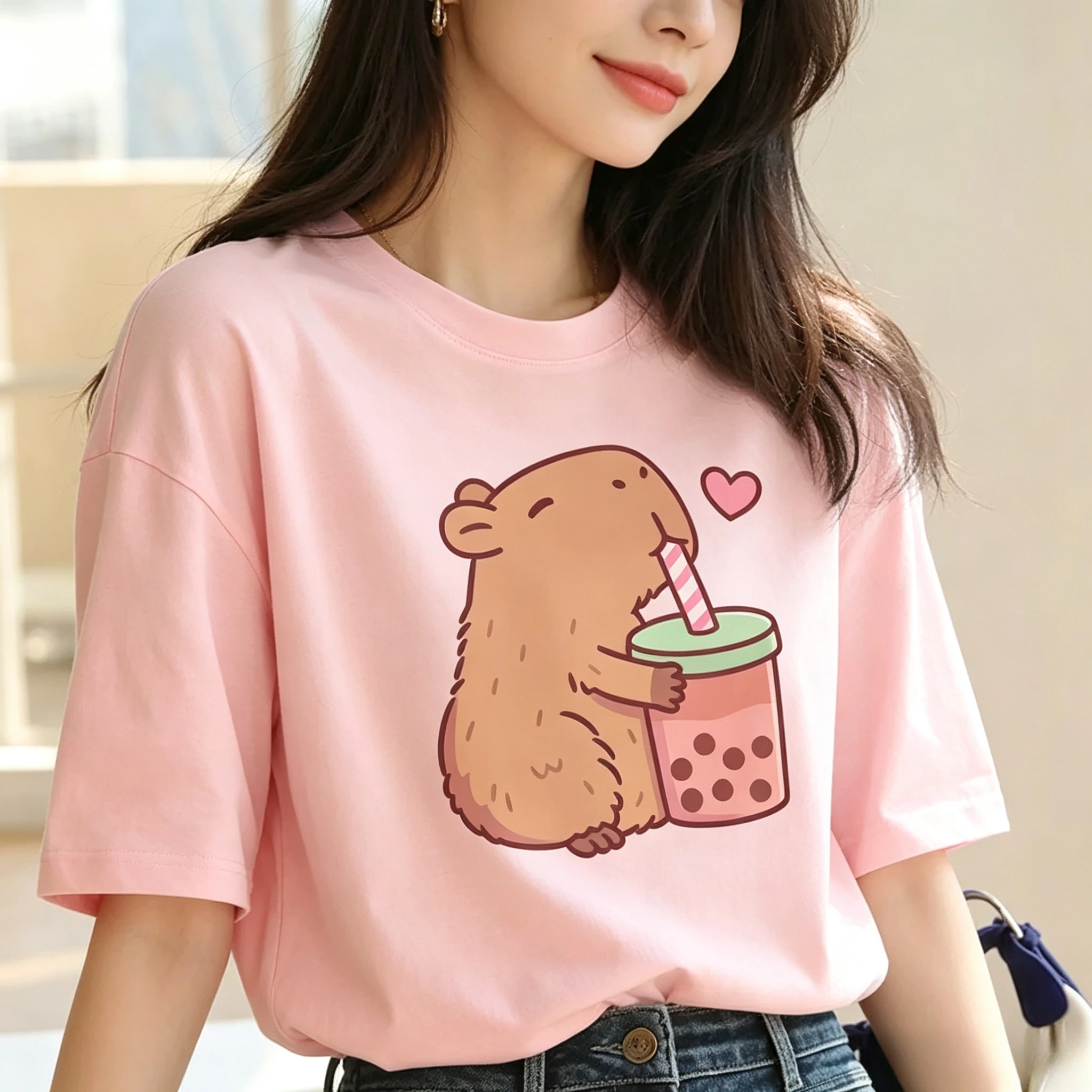 Cute Capybara Drinking Bubble Tea Print T-Shirt Women 100% Cotton Casual Loose Top Summer Funny Animal Gift Tee