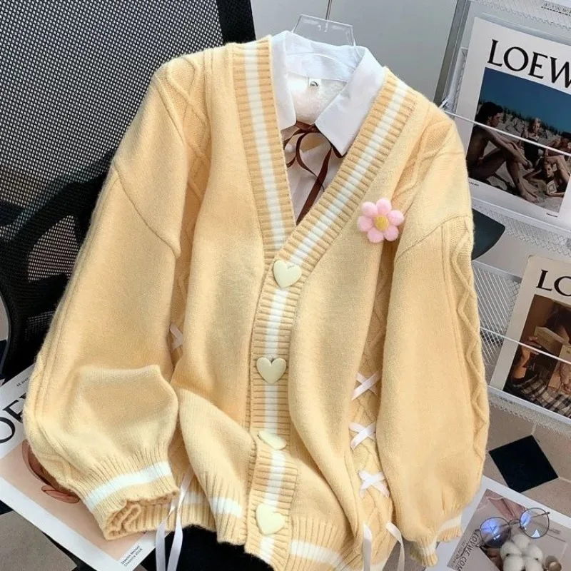 Sweet Bow Knitting Cardigan Coat Women Autumn Winter Love Button V-neck Long Sleeve Sweater All-match Fashion Knitwear Tops