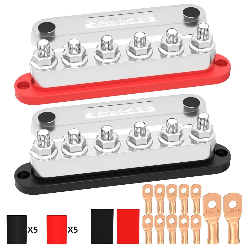 12V DC 600 Amp Bus Bar  Power Heavy Duty Busbar 600A Terminal Block 6 Way Busbar M10 Terminal Post Black Red Color With Cover
