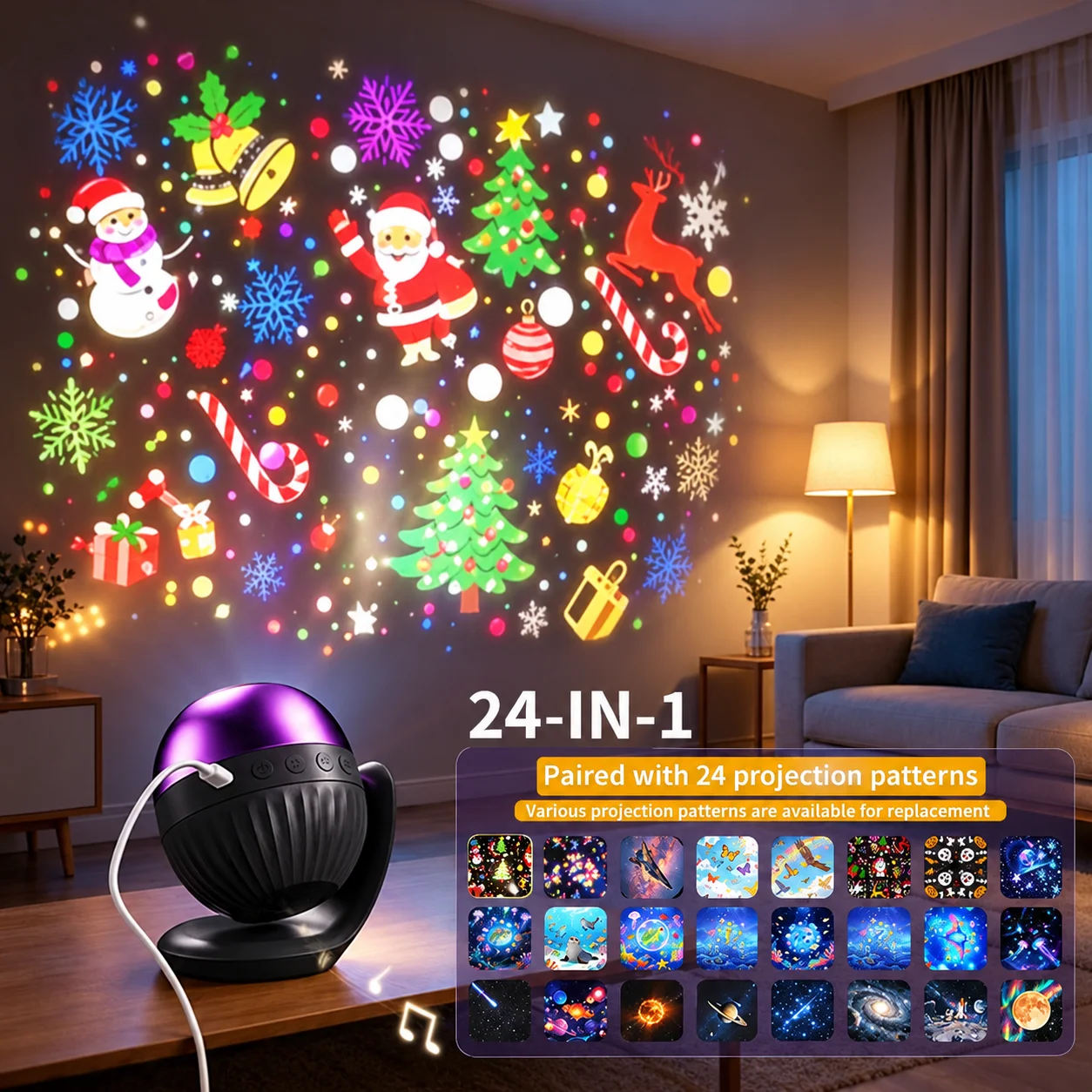 24 in 1 Christmas Ocean Projector 360° Rotatable USB Powered Projector Night Light with Sleep Sounds for Bedroom Festival Decor