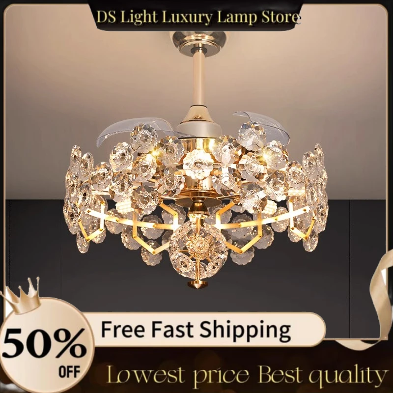 

Luxury Crystal Ceiling Fan Chandelier with LED Light Modern Silent Retractable Fan Lamp for Living Room Dining Room Decor