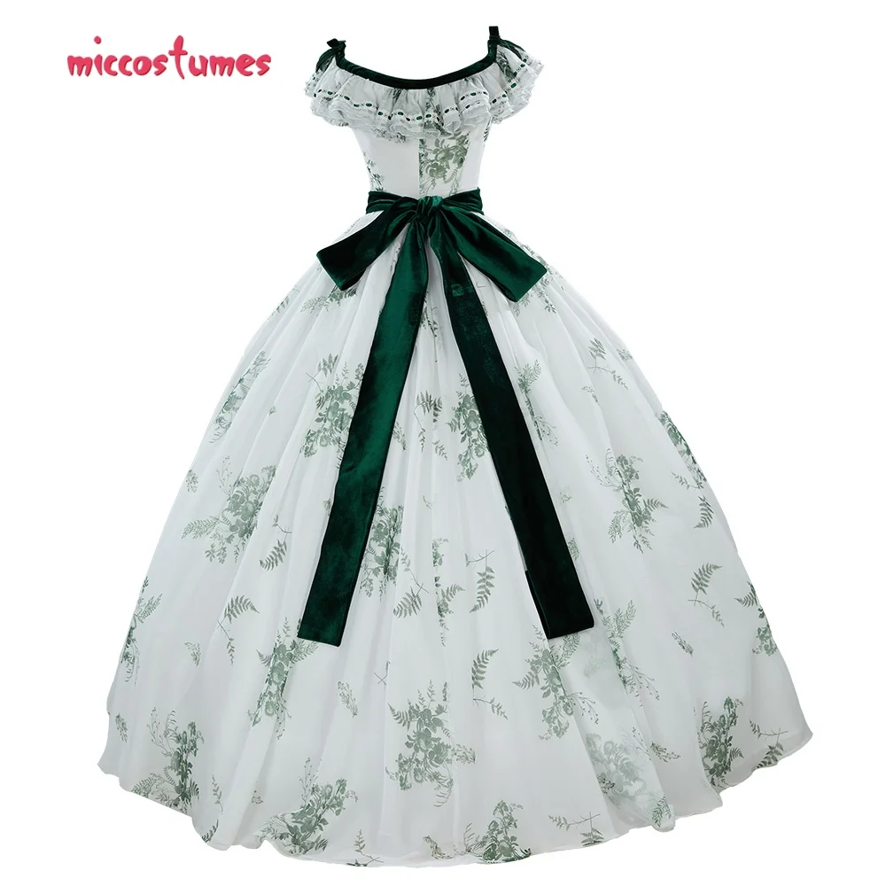 Miccostumes Women's Rococo Vintage Ball Gown Set Scarlett Floral Green Leaf Patterned Dress Costume