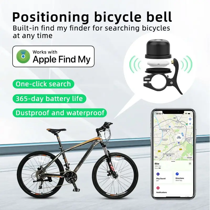 جهاز تعقب جرس الدراجة الذكي ، جهاز تحديد المواقع ، محدد مواقع مضاد للسرقة ، علامة هواء أبل ، دراجة كهربائية ، سكوتر ، شهادة MFI