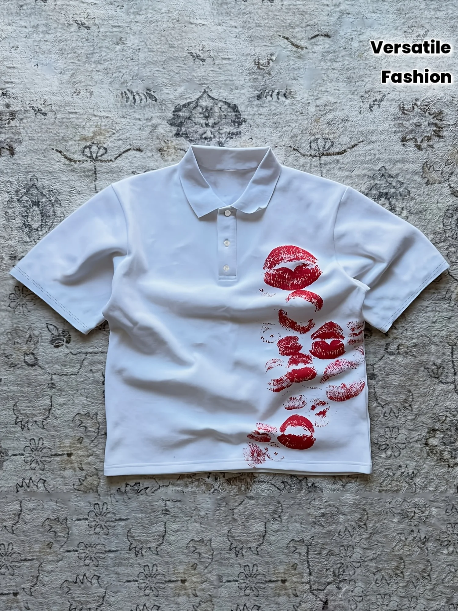 Summer Fashion Retro Classic Versatile Lapel Short Sleeved Punk Style Printed T-shirt Kissing Red Pattern Polo Shirt