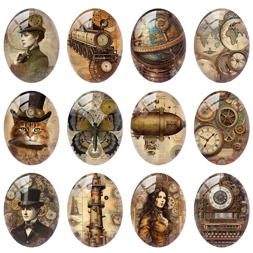 10pcs/lot Steampunk Gear Cat Butterflies Girl Clock Globe Oval Photo Glass Cabochon Flatback Demo Cameo For Diy Jewelry Making