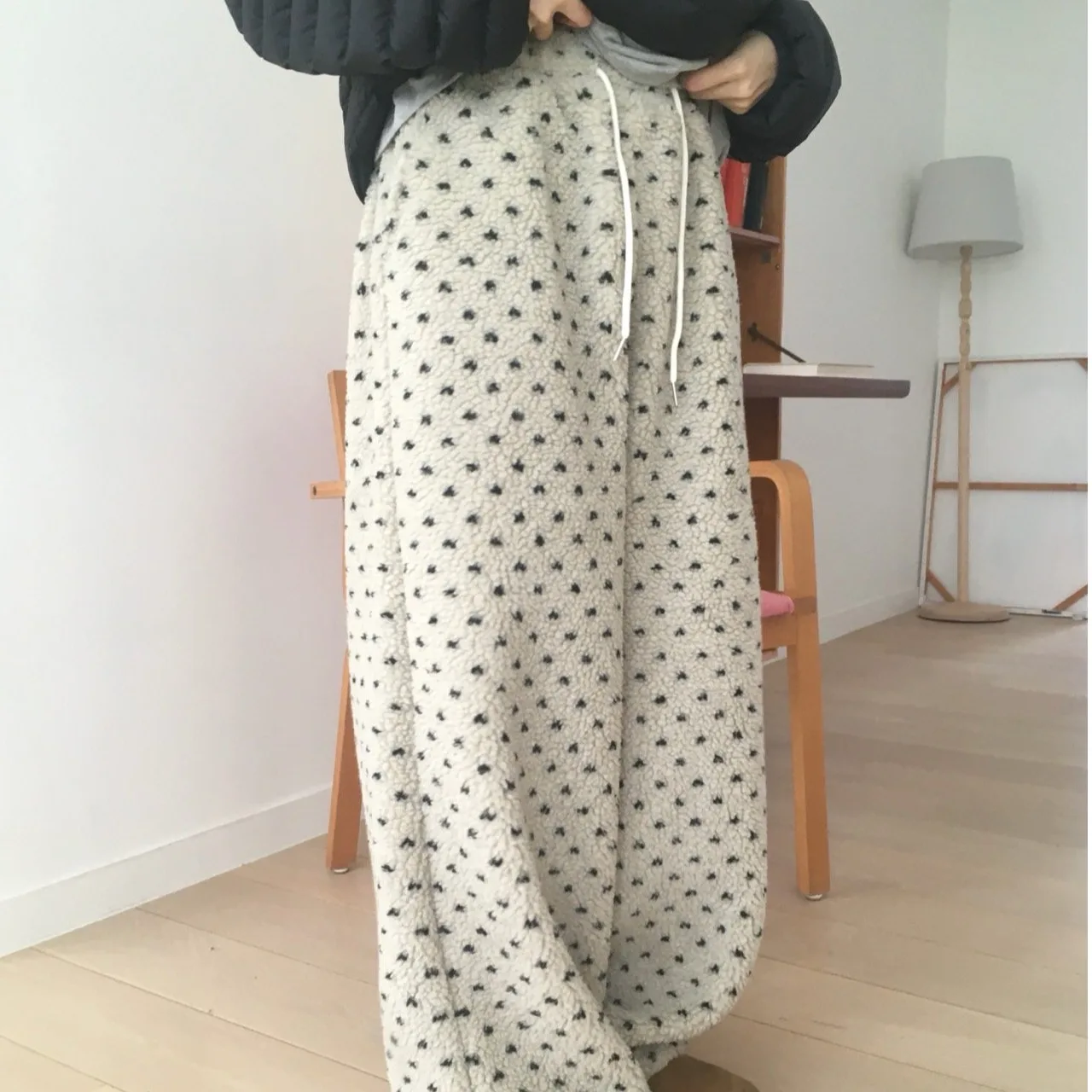 

Retro Design Elastic Dstring Lamb Fur Simulation Heart aped Cuffed Sweatpants Chic Autumn Winter Anti Aging Ladies Casua...