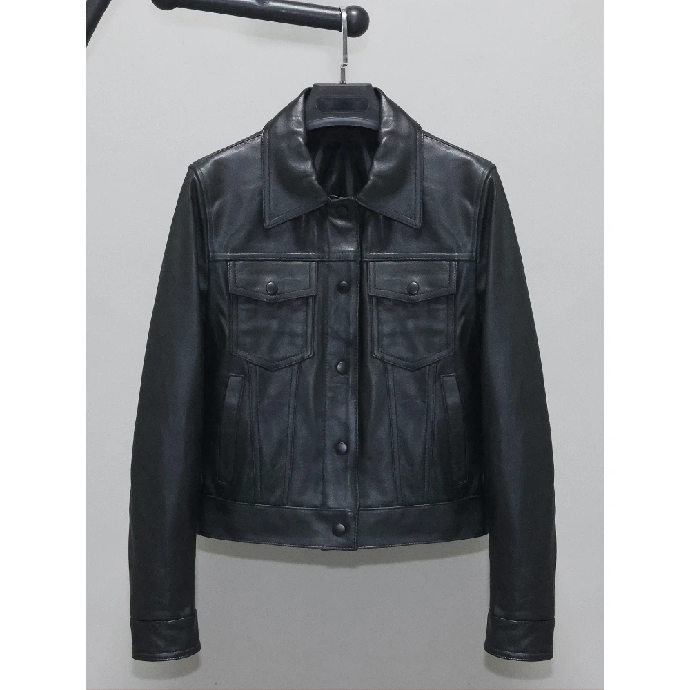 Chaqueta de piel de oveja auténtica de talla grande para mujer, chaqueta de motociclista con solapa corta, informal, con múltiples bolsillos y solapa, prendas de vestir 3xl