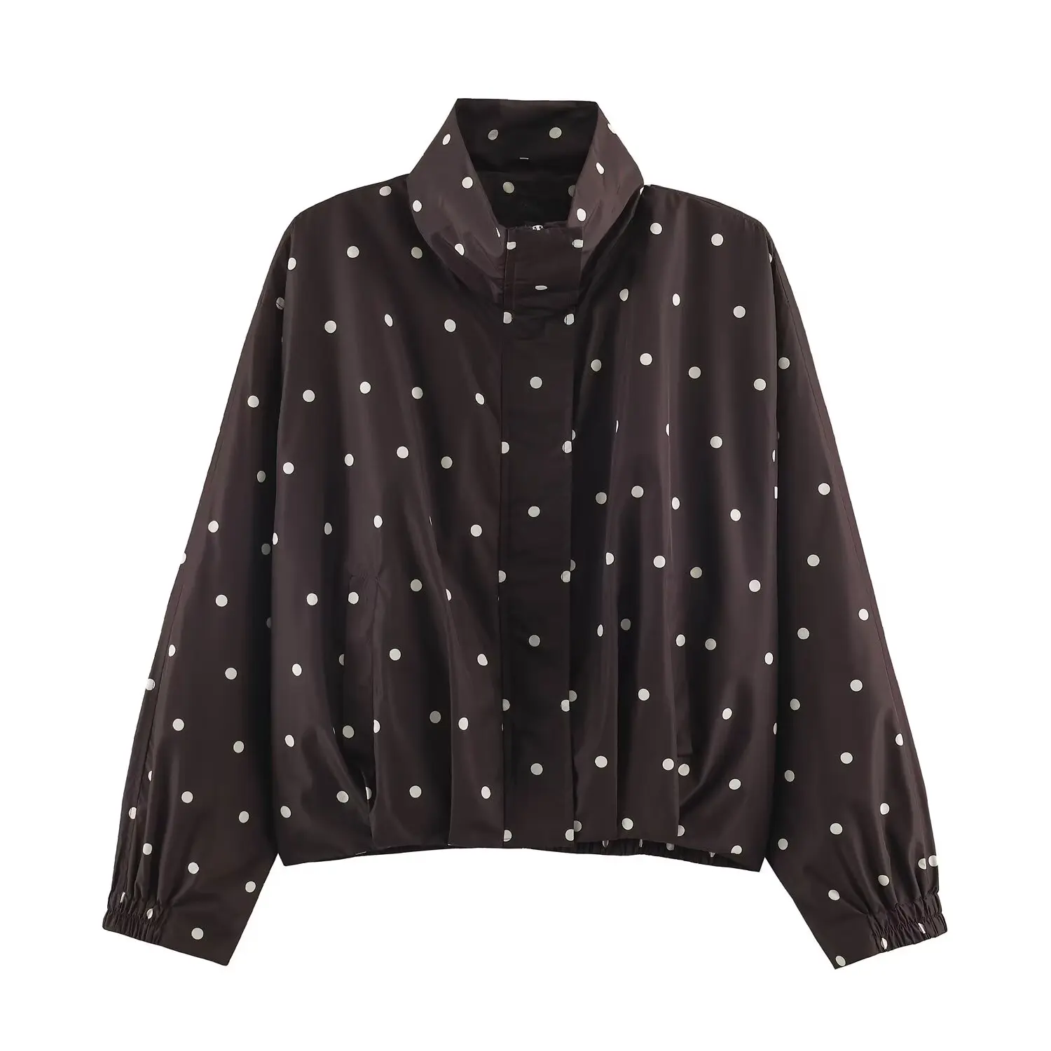 BSAY Damen Bomberjacke mit Polka-Dot-Print, kurz geschnitten, Stehkragen, elastische Ärmelbündchen, lange Ärmel, lässiges Design mit Taschen, kurze Oberbekleidung. – Detail 5