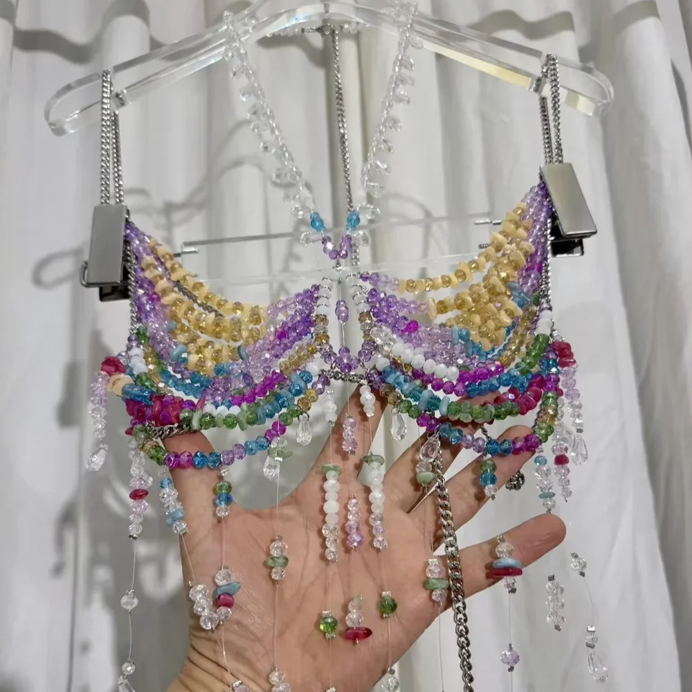 

Модная многослойная фиолетовая цепочка на грудь ручной работы с бисером и кисточками для вечеринок, выступлений и банкетов, женская цепочка на тело