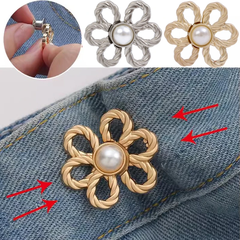 2set Reusable Metal Buttons Pearl Flower Snap Fastener Pants Pin Retractable Button Sewing-on Buckles for Jeans Fit Reduce Waist