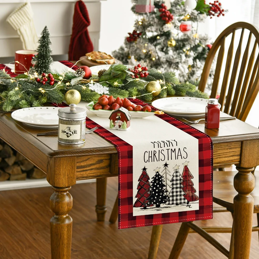 Merry Christmas Table Runner Red Black White Checkered Xmas Table Runner Christmas Party Table Home Decorations New Year Holiday