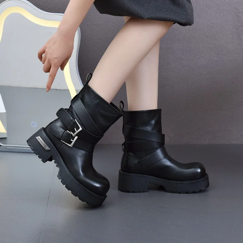 Women's Leather British Style Black Heightened Thick Bottom Big Head Medium Knight Cigarette Short Boots Circumference