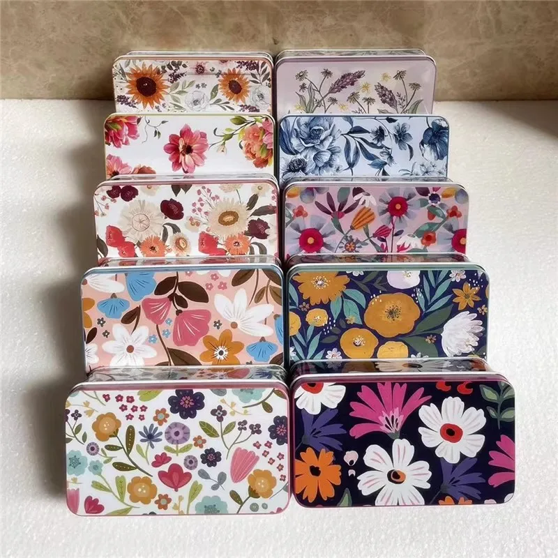 10 Pcs   New Flower Rectangular Tinplate Metal Storage Boxes  For Ornaments,Wedding Candy ,Sundry Goods，Cute Gift ,Iron