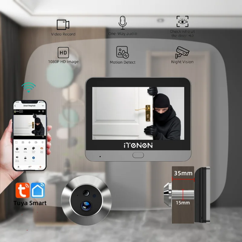 Smart Life Security Home Door Peepholes Cámara 2.4G Wifi Audio unidireccional 1080P Visor de puerta con pantalla de 4,3 pulgadas