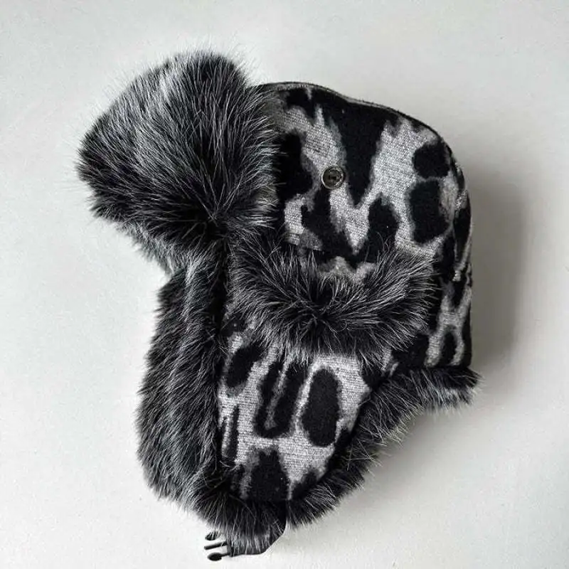 ヒョウ柄フェイクファートラッパーハット、ユニセックスY2Kストリートウェアゴシックハット、エッジの効いた冬用暖かいカジュアルヘッドウェア、寒い天候用