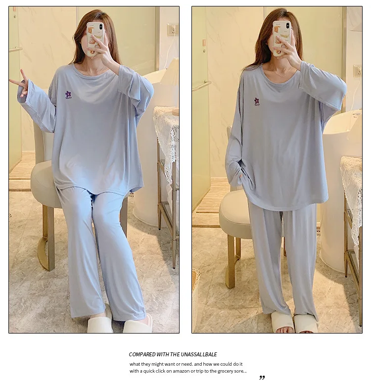 M-5XL Modal Cotton Pajamas Set New Large Size Long Sleeve Casual Top + Trousers Suit Autumn Winter Sleepwear Women Pijama Mujer