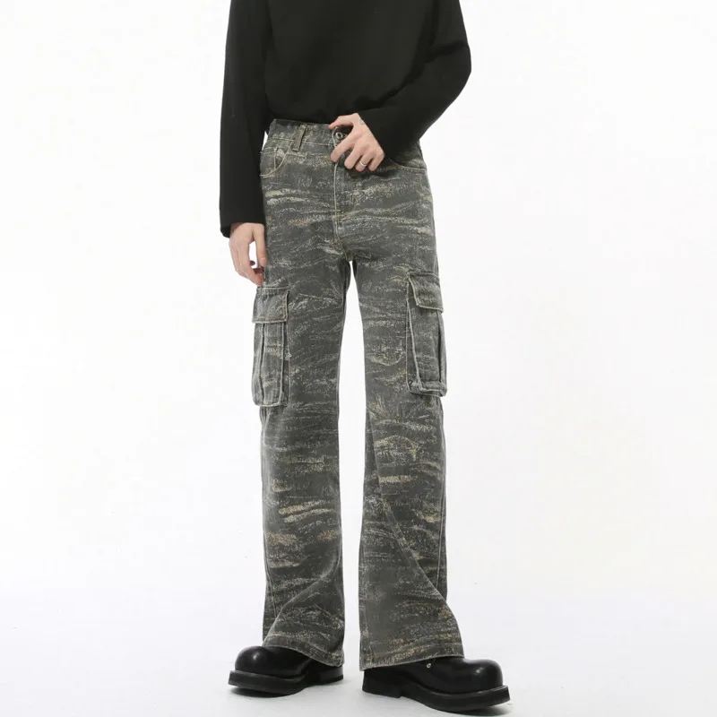 

SYUHGFA American Style Men's Denim Cargo Pants Camouflage Casua Straight Bottom Baggy Wide Leg Cowboy Male Jeans 2025 Spring