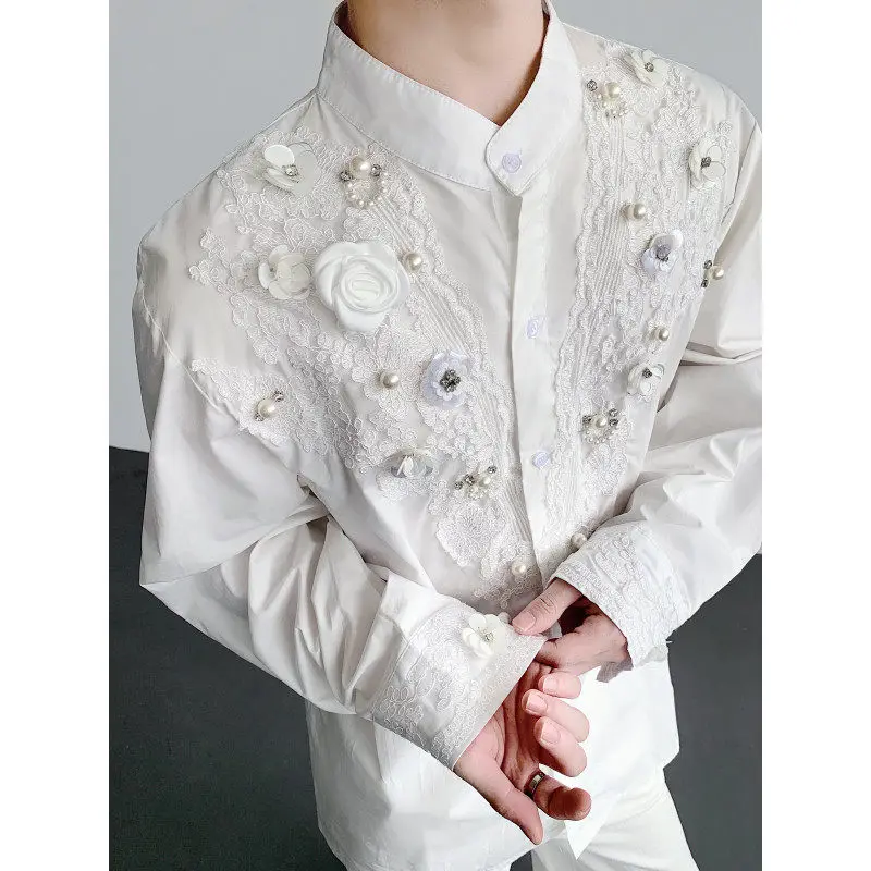 

Long Sve Lace irt Stand Collar 3D Flower Embroidery Men Women Sle Autumn Winter Faion Urban Breathable Sta...