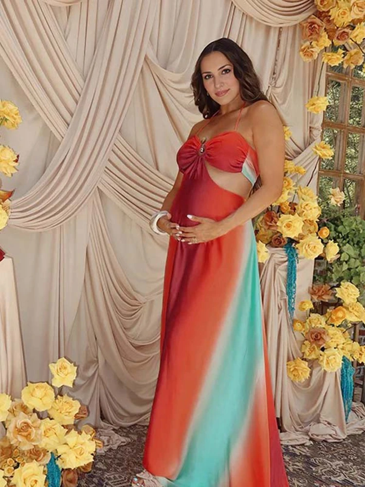 Ombre Maternity Photoshoot Dress for pregnant women Cut Out Waist Halter Neck Pregnancy Gown Baby Shower Photography Wear
