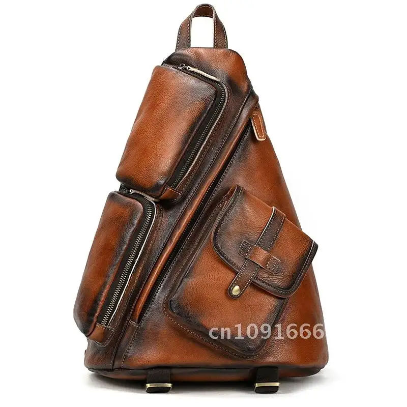 New Fashion Men's Leather Single Shoulder Backpack Real Cowskin Chest Bag Crossbody Bag Backpacks For Man Male Anti Theft Men