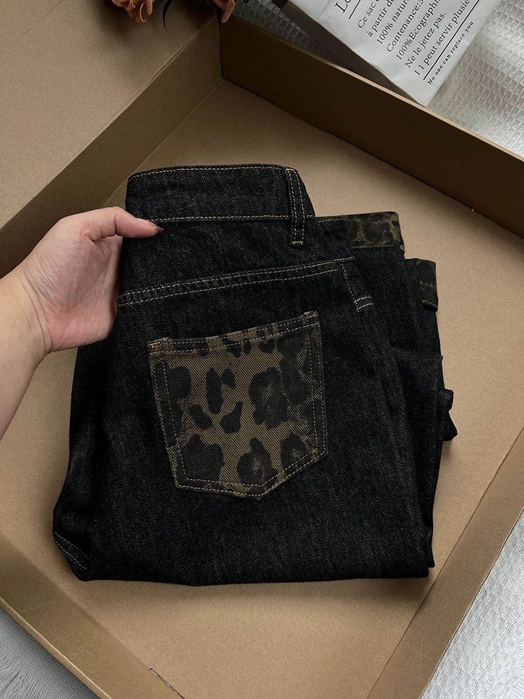 

American Retro Leopard Patchwork Denim Pants Women's Loose High Waist Wide Leg Jeans Spring Autumn New Casual Straight Trousers
