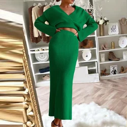 Winter Elegant Two Piece Set 2024 New Women V Neck Long Sleeve Blouse Tops+Bodycon Skirts Set Fashion Solid Knitted Party Suit