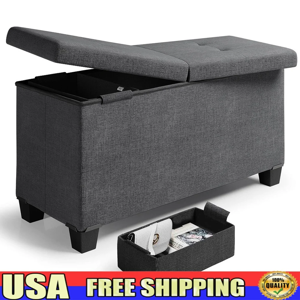 

Linen Ottoman Storage Bench with Removable Bins Comfortable Cushioned Lid Indoor Organizer Coffee Table Seat Gray 30 Inch
