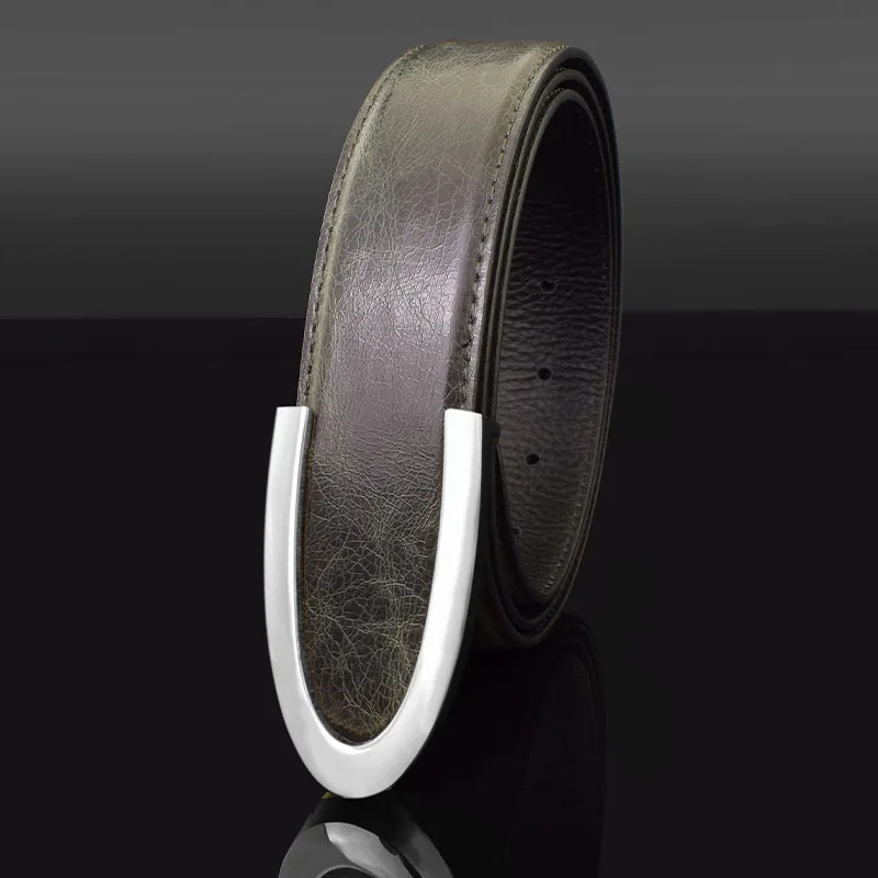 High Quality C letter Grey Belt Men Casual Luxury Fashion Cowskin Waistband Genuine Leather Designer Exquisite Waist Strap