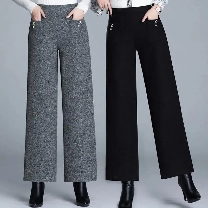 Autumn and Winter Women\'s Solid High Waist Loose Thickening Elastic Pockets Oversized Wide Leg Fashion Office Lady Trousers