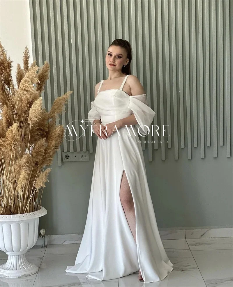 Simple Light Blue Satin Prom Dresses A Line Cold Shoulder Beads Straps with Slit Short Sleeves Formal Evening Dress Customized