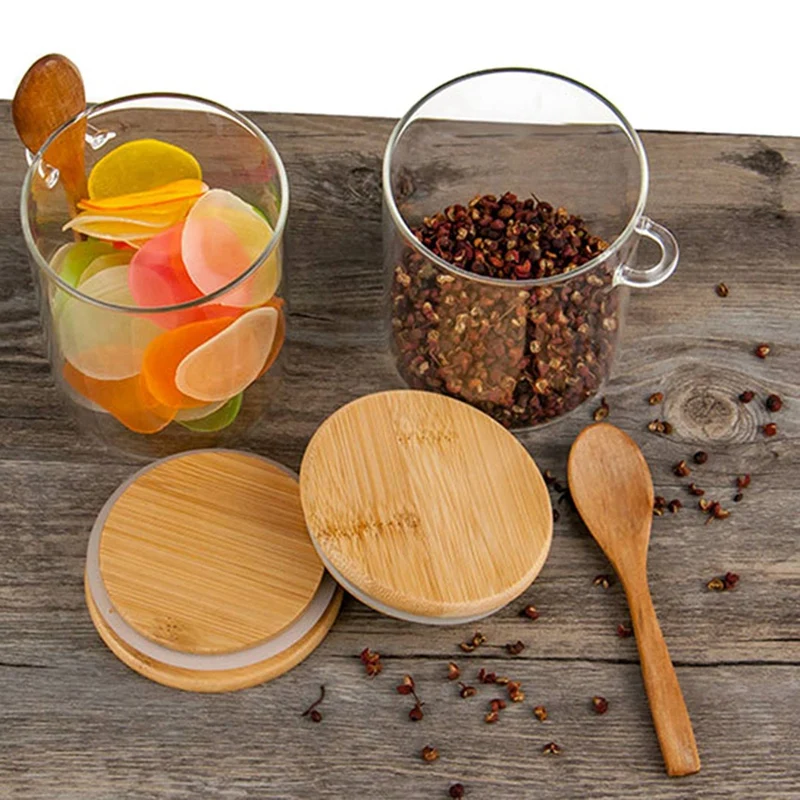 8X Glass Food Airtight Canister Castor Wooden Twist Lid Kitchen Candy Storage Tank Jar Bamboo Food Container With Spoon