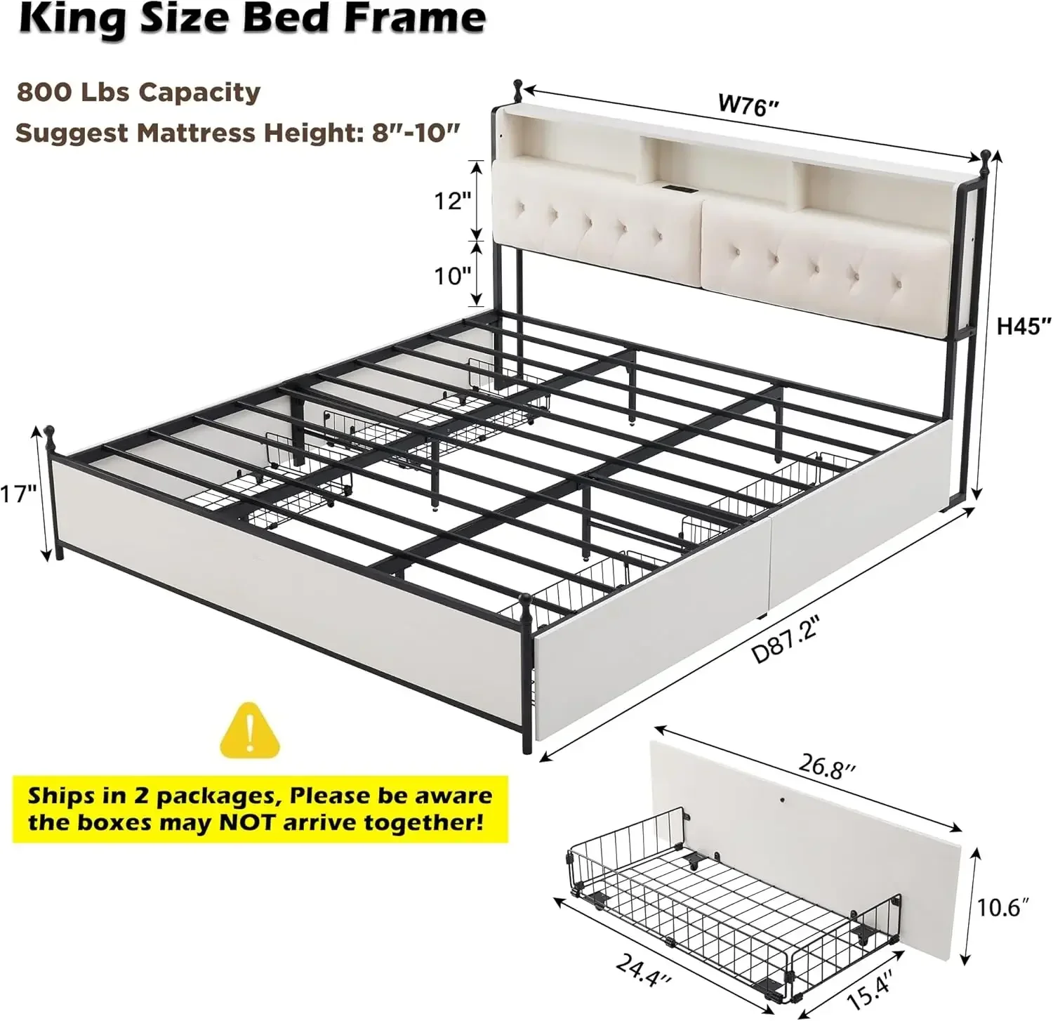 King Size Bed Frame with Upholstered Headboard, Modern Farmhouse Wood Metal Platform Bed with Storage Drawers,Antique White