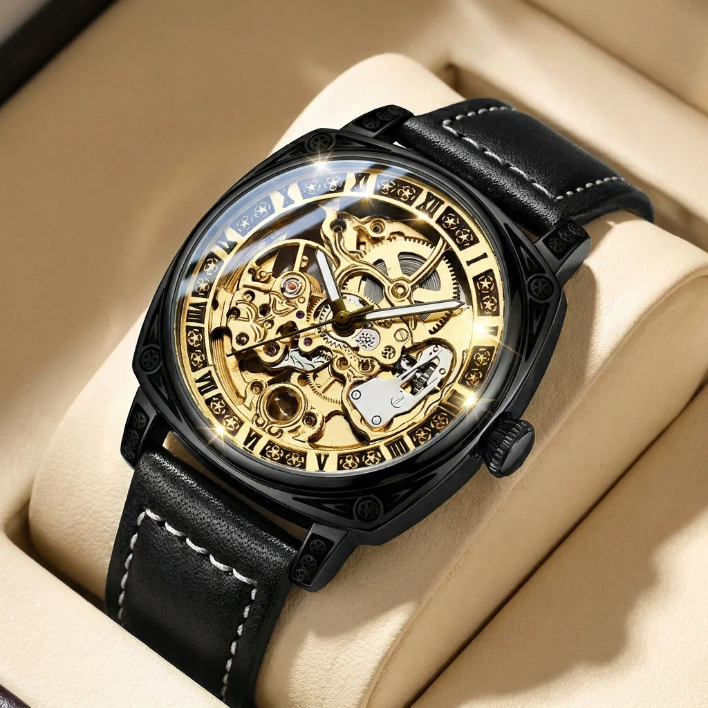 1 Stück Herren Goldzifferblatt Lederarmband Vintage Mode Skelett-Zahnrad Luxus-Detail Mechanische Uhr für Alltag Geschäft Party Urlaub