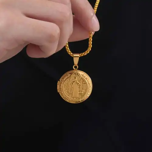 Saint Benedict Necklace for Men Boys,Customized Photo Picture Stainless Steel Round Box Necklaces,Gift to Dad Husband BBF - Image 3