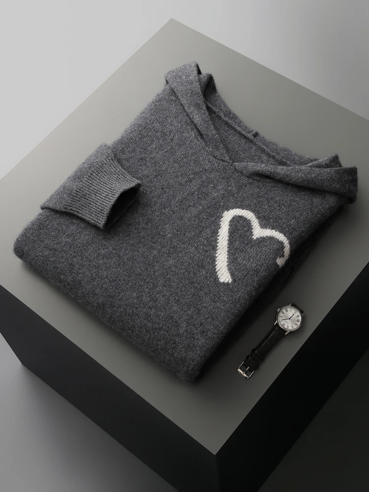 

TLOML Men's 100% Merino Wool Knitwear Hooded Pullover Autumn Winter Soft Warm Cashmere Sweater Jacquard Casual Loose Style Tops