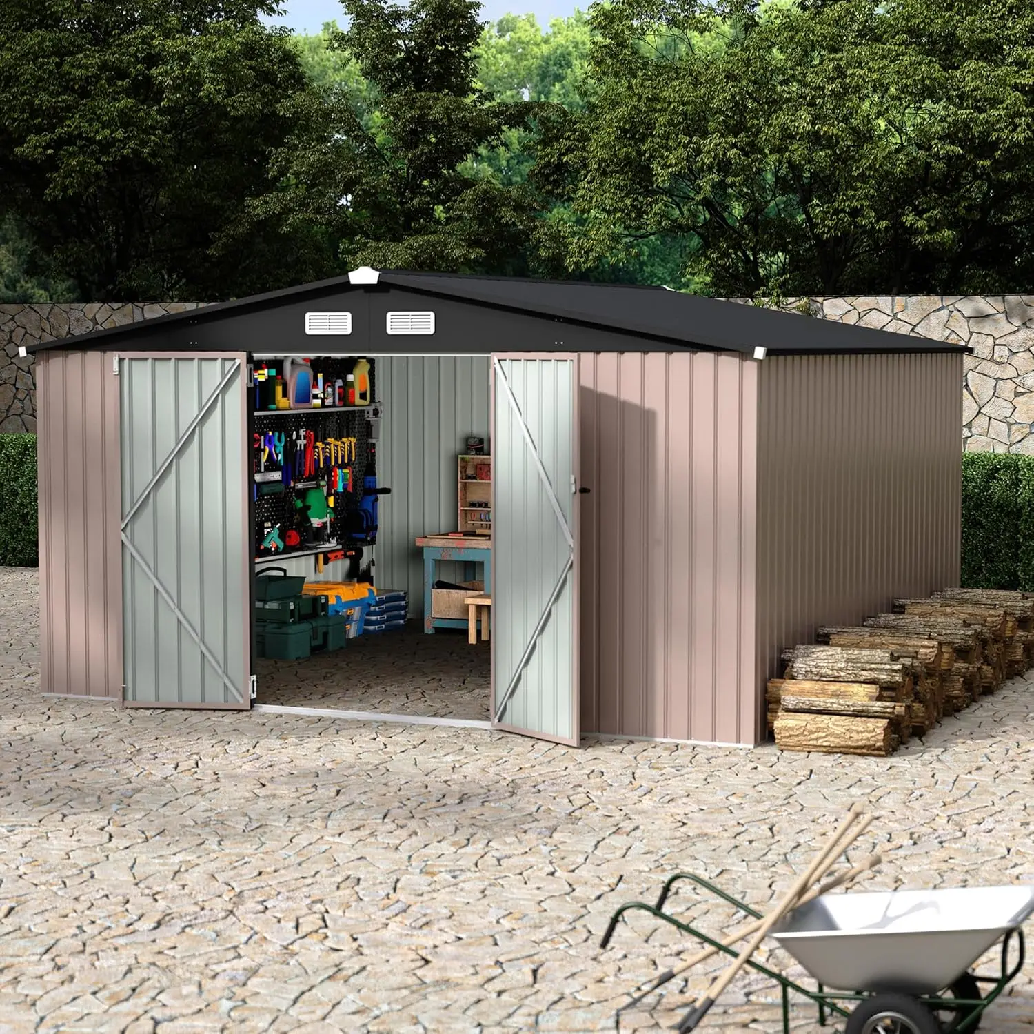 Caseta de Almacenamiento Metálica para Exteriores de 12x12 Pies, con Puerta con Cerradura y Ventilación, para Jardín, Patio o Césped, Personalizable
