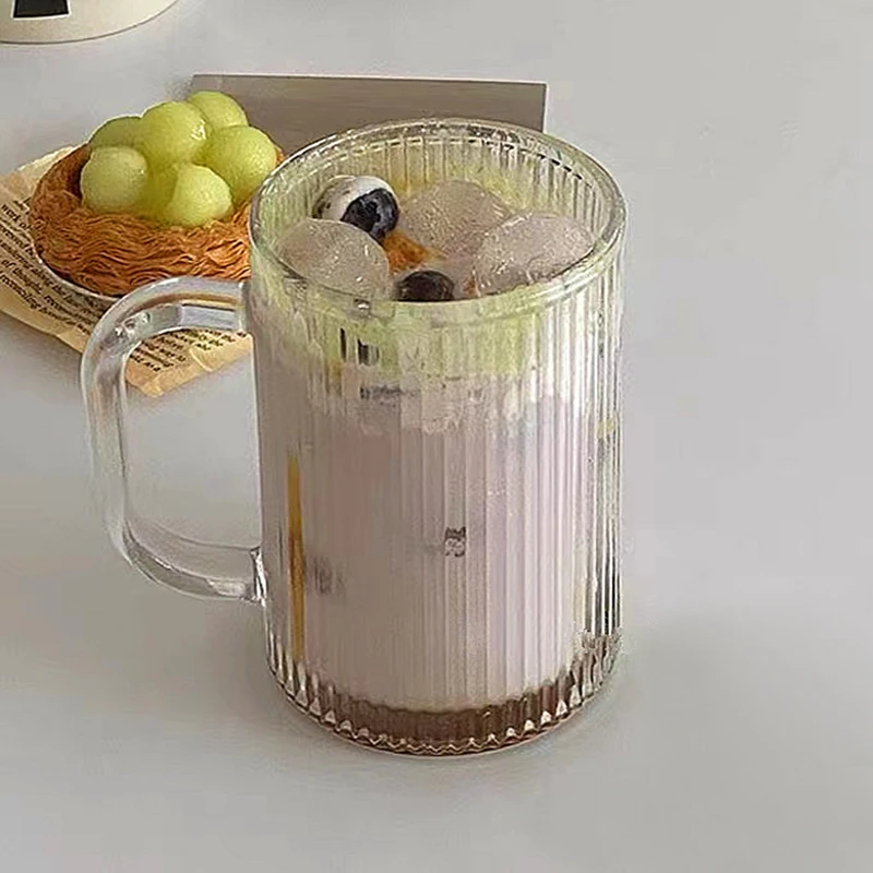 

380ml 2pcs Set Vertical Striped Glass Cup with Handle Household Creative Transparent Cocktail Glass Juice Milk Suda Water Cups